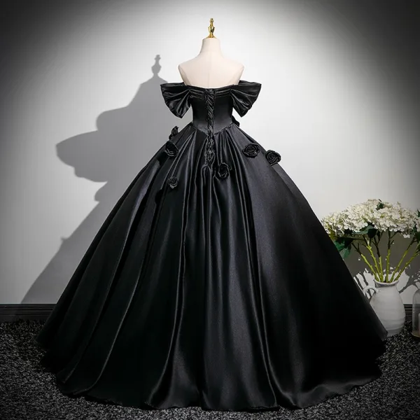 Elegant Black Appliques Satin Prom Dresses 2025 Ball Gown Off-The-Shoulder Short Sleeve Backless Floor-Length / Long Prom Formal Dresses