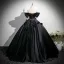 Elegant Black Appliques Satin Prom Dresses 2025 Ball Gown Off-The-Shoulder Short Sleeve Backless Floor-Length / Long Prom Formal Dresses