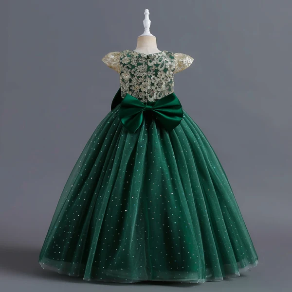 Chic / Belle Bordeaux Paillettes En Dentelle Fleur Anniversaire Robe Ceremonie Fille 2024 Robe Boule Encolure Dégagée Mancherons Noeud Ceinture Longue