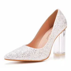 Charmant Argenté Paillettes Cristal Chaussure De Mariée 2022 9 Cm Talons Épais À Bout Pointu Mariage Escarpins Talons Hauts