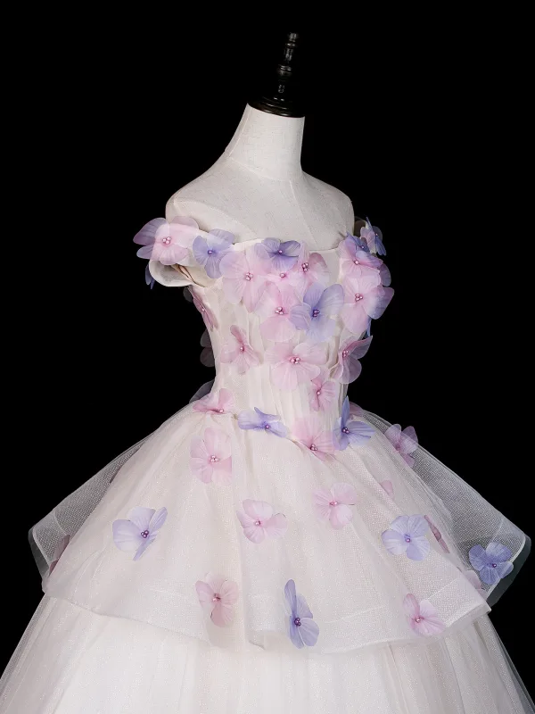 Blumenfee Weiß Perle Applikationen Ballkleider 2026 Ballkleid Off Shoulder Kurze Ärmel Rückenfreies