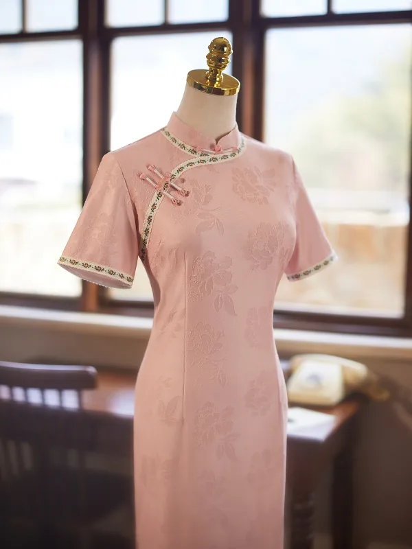 Chinese style Blushing Pink Evening Party Cheongsam 2025 Trumpet / Mermaid High Neck Short Sleeve Tea-length