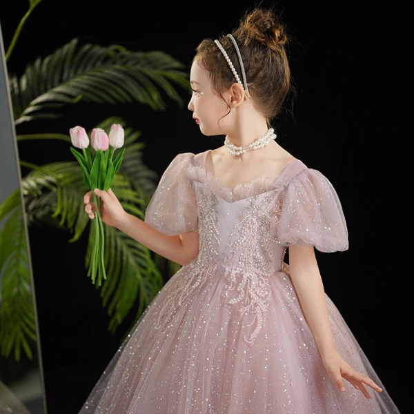 Bling Bling Grey Beading Sequins Birthday Flower Girl Dresses 2024 Ball Gown Square Neckline Puffy Short Sleeve Floor-Length / Long