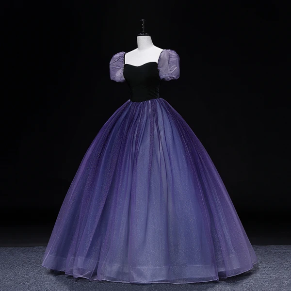 Vintage / Retro Purple Prom Dresses 2022 Ball Gown Square Neckline Puffy Short Sleeve Backless Floor-Length / Long Prom Formal Dresses