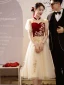 Chinese style Burgundy Beading Sequins Lace Flower Prom Dresses 2023 A-Line / Princess High Neck Short Sleeve Floor-Length / Long Prom Formal Dresses