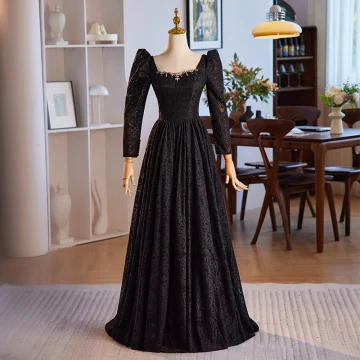 Vintage Retro Black Lace Rhinestone Prom Dresses 2024 A Line Princess Square Neckline Long Sleeve Backless Floor Length Long Prom Formal Dresses
