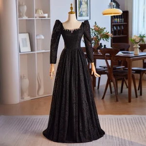 Vintage Czarne Z Koronki Rhinestone Sukienki Na Bal 2024 Princessa Kwadratowy Dekolt Długie Rękawy Bez Pleców Długie Bal Sukienki Wizytowe