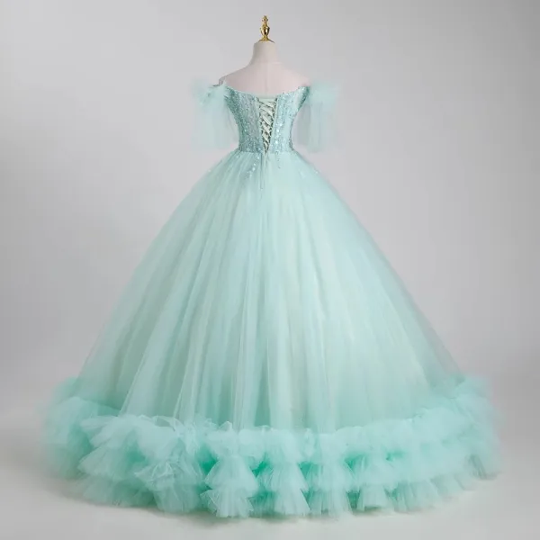 Elegant Mint Green Beading Pearl Sequins Cascading Ruffles Prom Dresses 2023 Ball Gown Off-The-Shoulder Short Sleeve Backless Floor-Length / Long Prom Formal Dresses