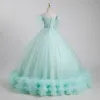 Elegant Sage Green Beading Pearl Sequins Prom Dresses Ball Gown 2023 Off-The-Shoulder Short Sleeve Backless Floor-Length / Long Prom Formal Dresses