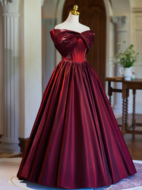 Elegant Burgundy Satin Prom Dresses 2024 Ball Gown Off-The-Shoulder Bow Sleeveless Backless Floor-Length / Long Prom Formal Dresses