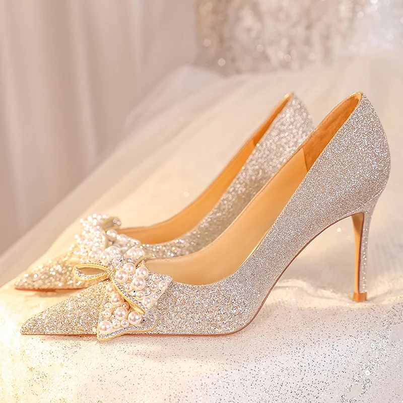 Rose Gold Dress Shoes Gold High Heels For Wedding Charming Bling Bling Gold  Pearl Sequins Rhinestone