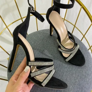 Sexy Noire Faux Diamant Soirée Sandales Femme 2022 Bride Cheville 11 Cm Talons Aiguilles Peep Toes Bout Ouvert Sandales Talons Hauts