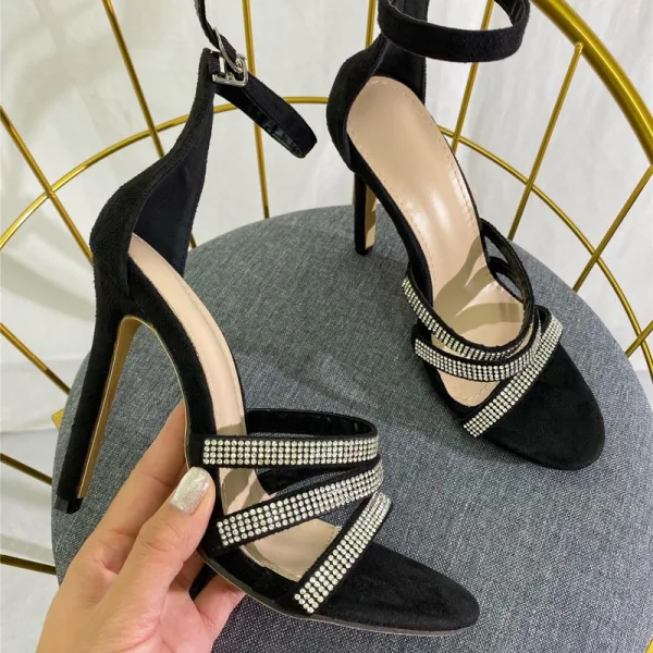 Sexy Schwarz Strass Abend Sandalen Damen 2022 Knöchelriemen 11 cm Stilettos Peeptoes Sandaletten Hochhackige