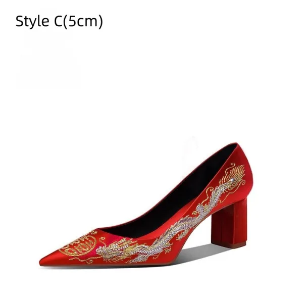 Chinese style Red Embroidered Leather Wedding Shoes 2026 6 cm Stiletto Heels Pointed Toe Wedding High Heels