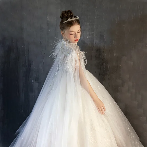 Charming White Beading Pearl Rhinestone Sequins Tassel Birthday Flower Girl Dresses 2025 Ball Gown Scoop Neck Sleeveless Sweep Train