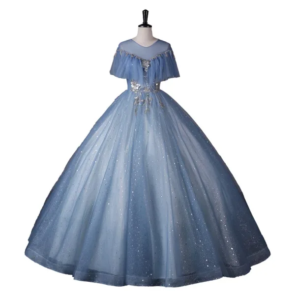 Fashion Sky Blue Glitter Beading Star Sequins Prom Dresses 2023 Ball Gown Scoop Neck Short Sleeve Backless Floor-Length / Long Prom Formal Dresses