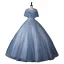 Fashion Sky Blue Glitter Beading Star Sequins Prom Dresses 2023 Ball Gown Scoop Neck Short Sleeve Backless Floor-Length / Long Prom Formal Dresses