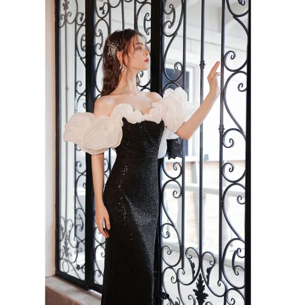 Charmant Noire Paillettes Robe De Soirée 2022 Trompette / Sirène Volants De l'épaule Manches Courtes Dos Nu Longue Robe De Ceremonie