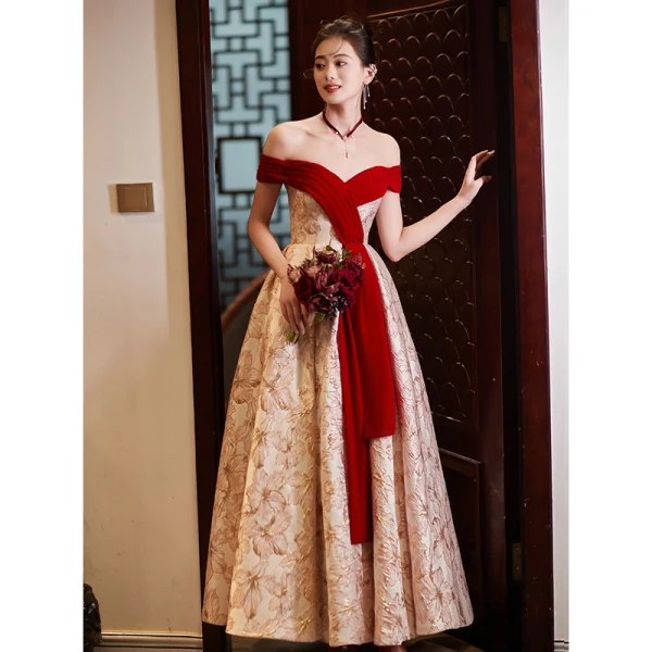 Chic / Beautiful Red Printing Prom Dresses 2023 A-Line / Princess Off-The-Shoulder Sleeveless Backless Floor-Length / Long Prom Formal Dresses