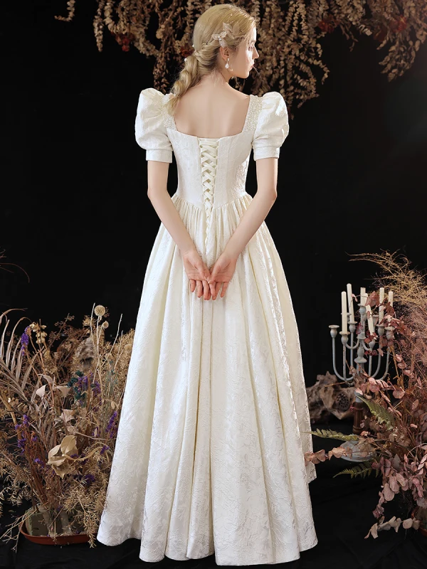 Vintage / Retro Ivory Satin Homecoming Graduation Dresses Prom Dresses 2023 A-Line / Princess Square Neckline Pearl Short Sleeve Backless Floor-Length / Long Formal Dresses
