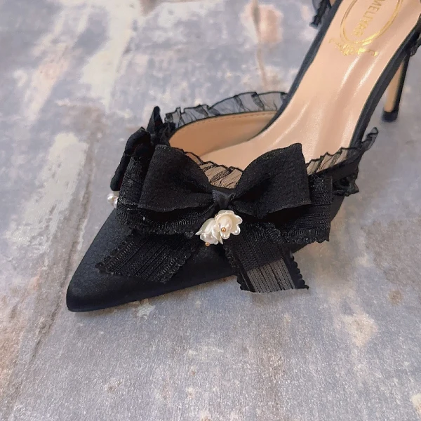 Charmant Noire Perle Noeud Bride Cheville Promo Sandales Femme 2024 9 cm Talons Aiguilles À Bout Pointu Sandales Talons Hauts