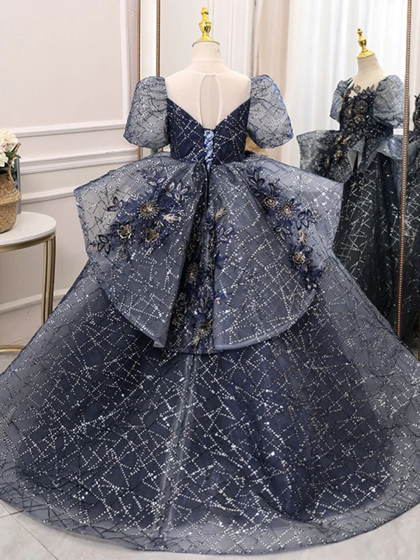 Vintage / Originale Bleu Marine Faux Diamant Paillettes En Dentelle Fleur Anniversaire Robe Ceremonie Fille 2024 Robe Boule Encolure Dégagée Manches Courtes Dos Nu Noeud Longue