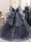 Vintage / Originale Bleu Marine Faux Diamant Paillettes En Dentelle Fleur Anniversaire Robe Ceremonie Fille 2024 Robe Boule Encolure Dégagée Manches Courtes Dos Nu Noeud Longue