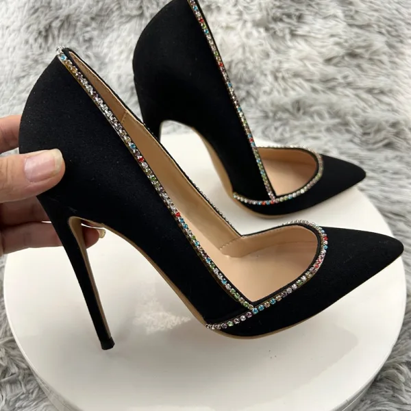 Mooie / Prachtige Zwarte Suede Rhinestone Avond Pumps 2025 12 cm Naaldhakken / Stiletto Spitse Neus Pumps Hoge Hakken