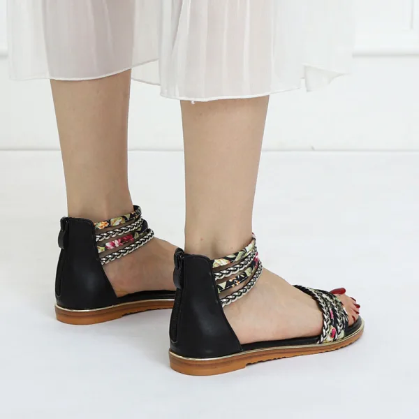 Fashion Black Holiday Beach Flat Womens Sandals 2022 Ankle Strap Open / Peep Toe Sandals