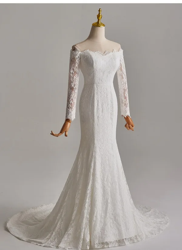 Vintage / Retro White Lace Flower Sweep Train Wedding Dresses 2025 Ball Gown Off-The-Shoulder Long Sleeve Backless