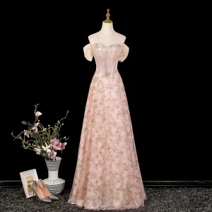 Chic Belle Rougissant Rose En Dentelle Fleur Robe De Soirée 2026 Princesse Bustier Sans Manches Dos Nu Longue Robe De Ceremonie