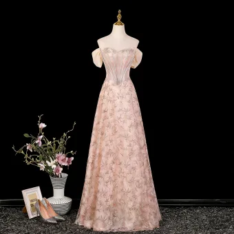 Chic Beautiful Blushing Pink Lace Flower Evening Dresses 2026 A Line Princess Strapless Sleeveless Backless Floor Length Long Formal Dresses