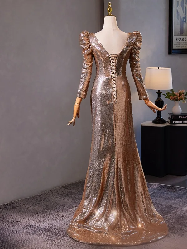 Scintillantes Doré Paillettes Robe De Bal 2024 Trompette / Sirène V-Cou Manches Longues Dos Nu Train De Balayage Promo Robe De Ceremonie