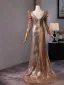 Scintillantes Doré Paillettes Robe De Bal 2024 Trompette / Sirène V-Cou Manches Longues Dos Nu Train De Balayage Promo Robe De Ceremonie