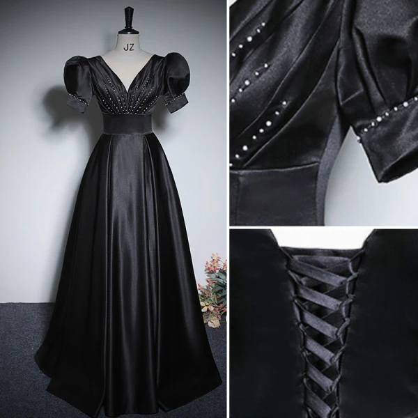Vintage / Retro Black Satin Evening Dresses 2023 A-Line / Princess V-Neck Puffy Short Sleeve Backless Floor-Length / Long Evening Party Formal Dresses