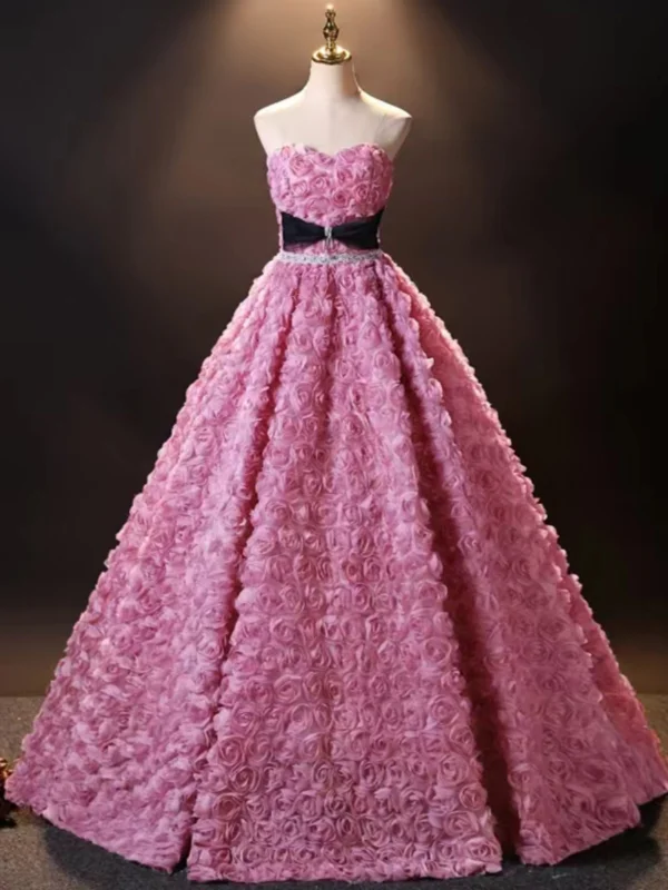 Schöne Pink Rüschen Blumen Ballkleider 2024 Ballkleid Off Shoulder Kurze Ärmel Rückenfreies Sweep / Pinsel Zug Ball Festliche Kleider