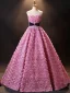 Schöne Pink Rüschen Blumen Ballkleider 2024 Ballkleid Off Shoulder Kurze Ärmel Rückenfreies Sweep / Pinsel Zug Ball Festliche Kleider