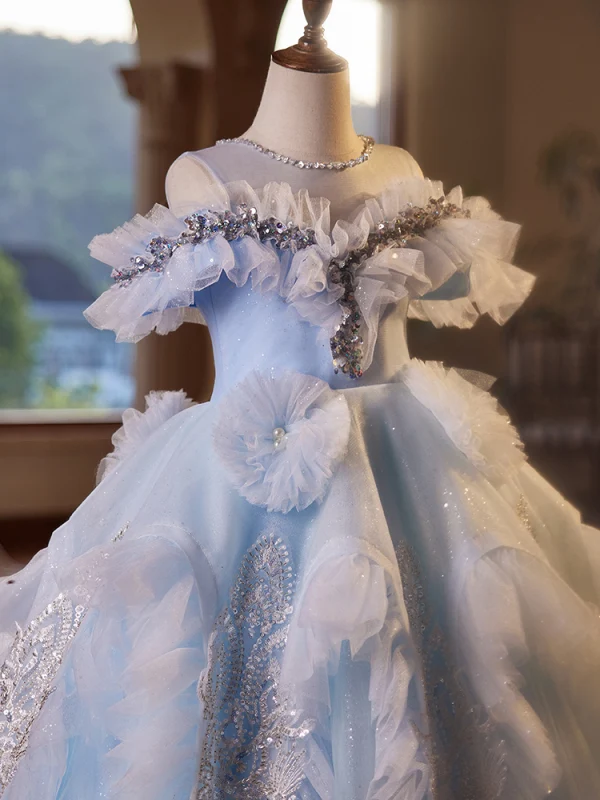 Chic / Beautiful Sky Blue Cascading Ruffles Rhinestone Sequins Birthday Flower Girl Dresses 2024 Ball Gown Scoop Neck Short Sleeve Backless Floor-Length / Long