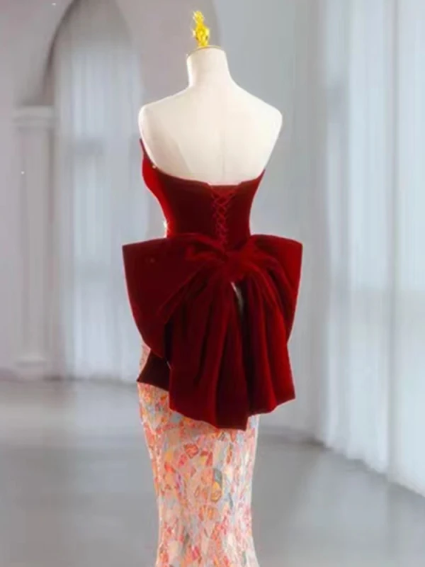 Sexy Bordeaux Multi-Couleurs Paillettes Robe De Soirée 2023 Trompette / Sirène Bustier Sans Manches Dos Nu Noeud Train De Balayage Soirée Robe De Ceremonie