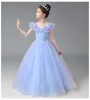 Cinderella Sky Blue Lace Butterfly Star Sequins Flower Girl Dresses 2024 Ball Gown Birthday Scoop Neck Short Sleeve Floor-Length / Long