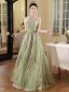 Charming Sage Green Beading Pearl Sequins Prom Dresses 2024 A-Line / Princess Halter Sleeveless Backless Floor-Length / Long Prom Formal Dresses