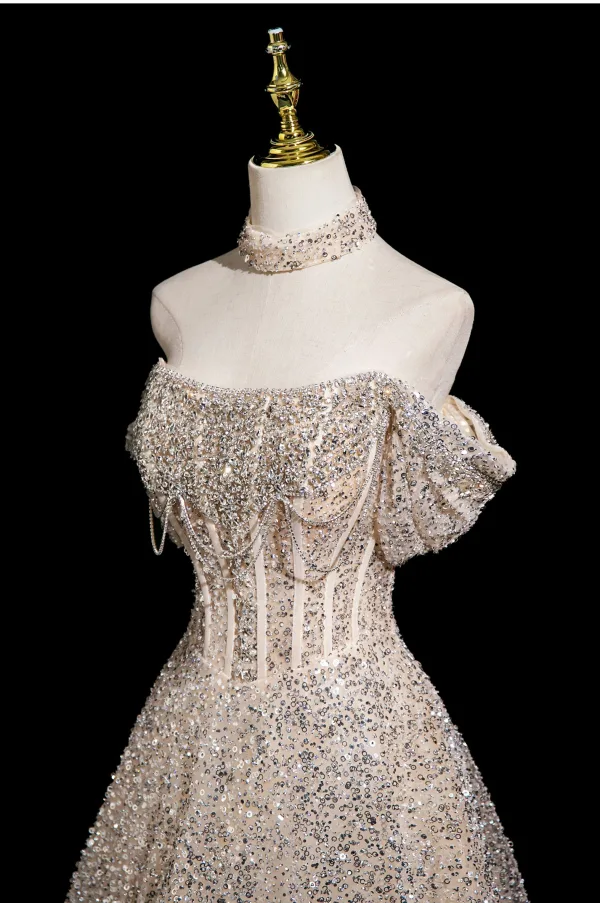 Glitzernden Charmant Champagner Perlenstickerei Strass Pailletten Abendkleider 2025 A Linie Off Shoulder Kurze Ärmel Rückenfreies Lange Festliche Kleider