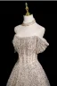 Glitzernden Charmant Champagner Perlenstickerei Strass Pailletten Abendkleider 2025 A Linie Off Shoulder Kurze Ärmel Rückenfreies Lange Festliche Kleider