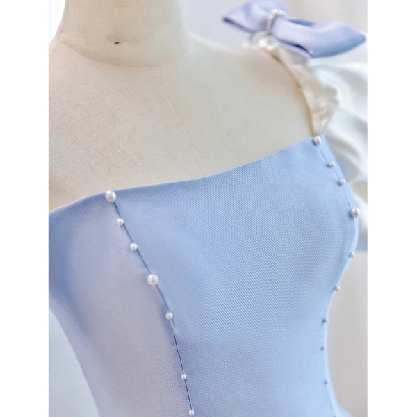 Elegant Sky Blue Pearl Prom Dresses Prom Dresses 2023 A-Line / Princess Square Neckline Puffy Short Sleeve Bow Backless Floor-Length / Long Prom Formal Dresses