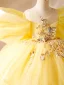 Fashion Yellow Beading Sequins Cascading Ruffles Birthday Flower Girl Dresses 2024 Ball Gown Scoop Neck Short Sleeve Backless Sweep Train