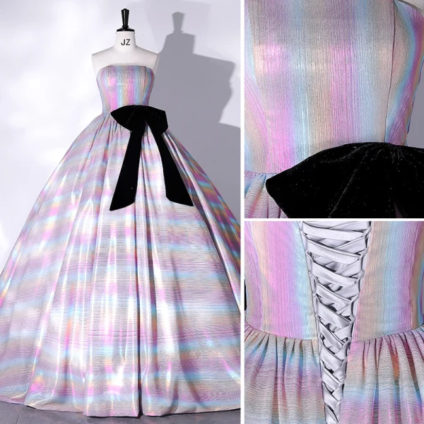 Fashion Multi-Colors Satin Prom Dresses 2022 Ball Gown Strapless Bow Sleeveless Backless Floor-Length / Long Formal Dresses