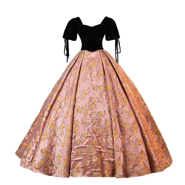 Vintage / Retro Black Embroidered Satin Prom Dresses 2023 Ball Gown Square Neckline Short Sleeve Backless Floor-Length / Long Prom Formal Dresses