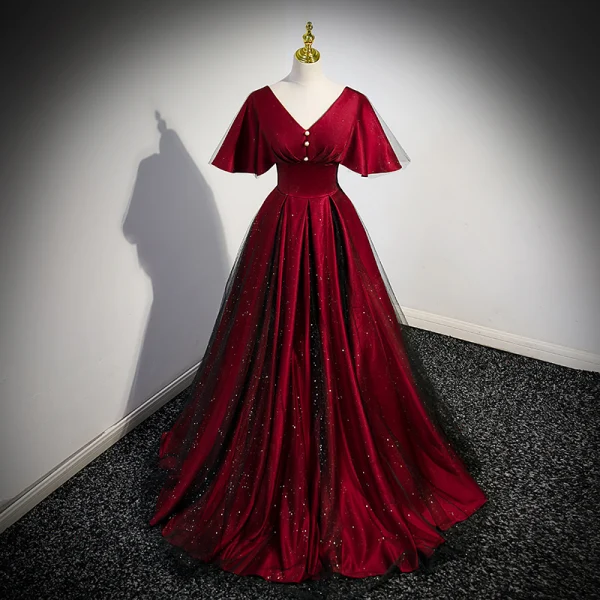 Elegant Burgundy Satin Prom Dresses 2023 A-Line / Princess V-Neck Short  Sleeve Backless Floor-Length / Long Prom Formal Dresses