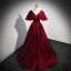 Elegant Burgundy Satin Prom Dresses 2023 A-Line / Princess V-Neck Short Sleeve Backless Floor-Length / Long Prom Formal Dresses