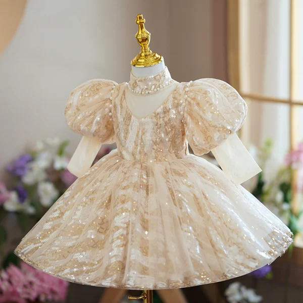 Sparkly Champagne Pearl Sequins Birthday Flower Girl Dresses 2022 Ball Gown High Neck Puffy Short Sleeve Tea-length Flower Girl Dresses